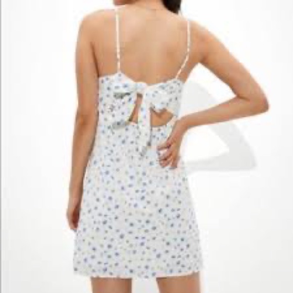 NWT • XL American Eagle ditsy floral open back tie mini dress white blue spring